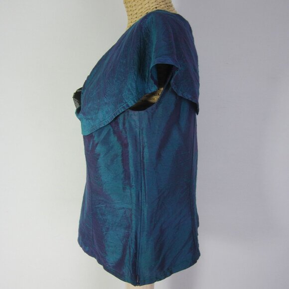 Vtg Karen Warren Women 6 Blue Silk Sleeveless Top Shirt Iridescent Rosette  S - Picture 6 of 6